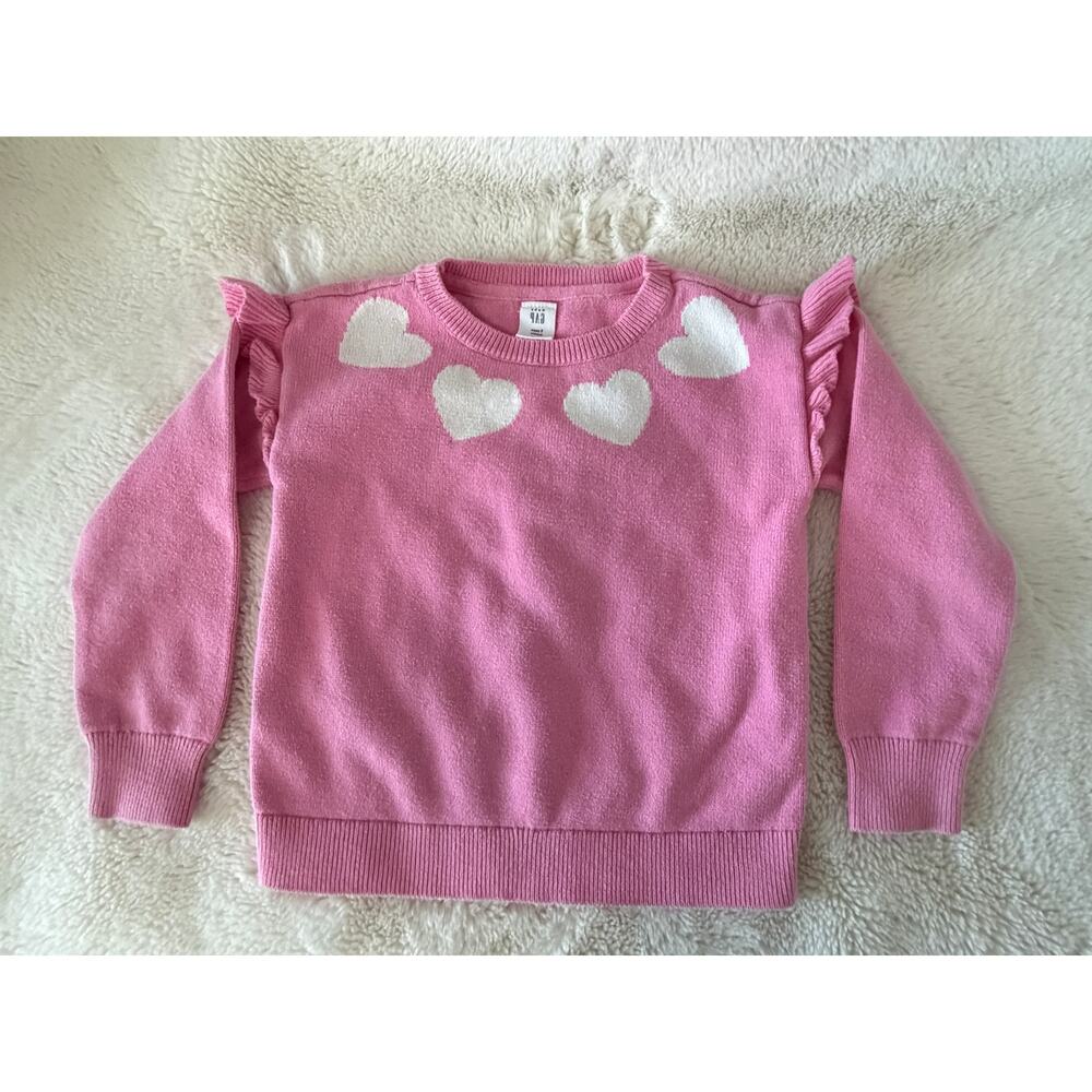 GAP- Pink and white heart crewneck sweater with ruffle shoulders - Size 5T